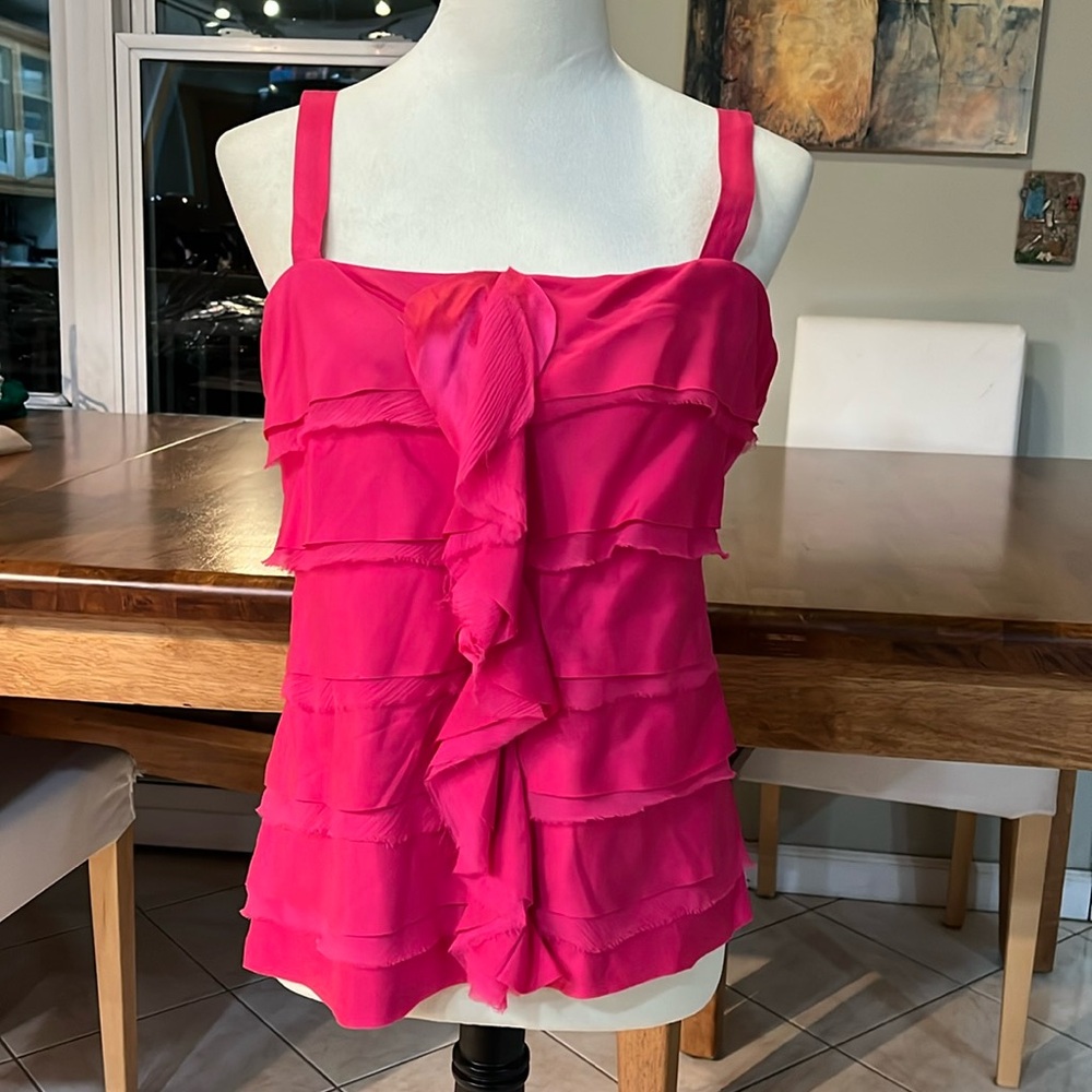 Cache Y2K Womans Tank Top Tier Hot Pink Layers Ruffle Silk Blend